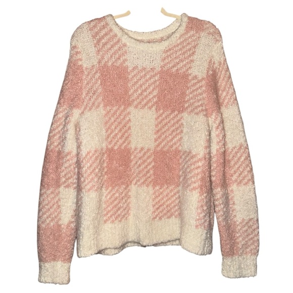 J. CREW Boucle Buffalo Check Plaid Chunky Sweater Pink White Wool Alpaca Size XL - Picture 5 of 16